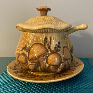 Ceramic Soup Tureen With Ladle and Plate 4 Pc Set w/Mushroom Theme